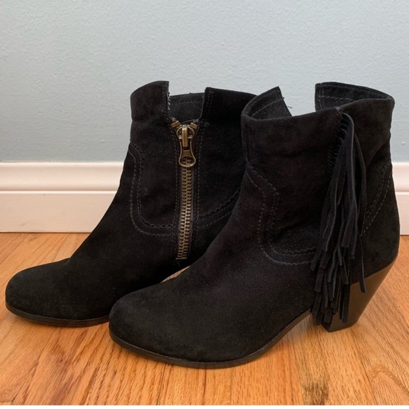 SAM EDELMAN Black Suede Ankle Boots with Fringe/size 6 - Picture 5 of 8